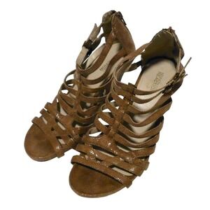 Kenneth Cole Reaction‎ Sandals Size 9 M Brown Strappy  Tropical Pine 3.5" Heel